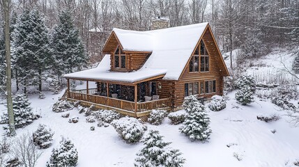 Snow covered log cabin winter woodland setting