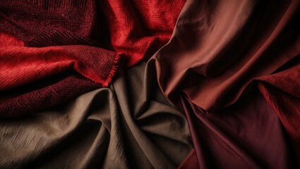 A close-up of luxurious, rich fabrics in shades of red and brown, showcasing their texture and folds in an appealing arrangement.