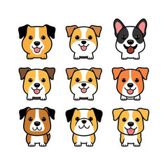 Fototapeta premium A collection of cute cartoon dog faces arranged in a grid, showcasing various breeds and expressions.