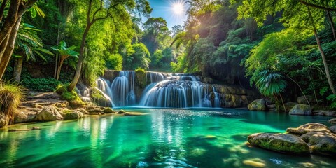 Lush Tropical Waterfall Cascading into Vibrant Emerald Pool - Panoramic View