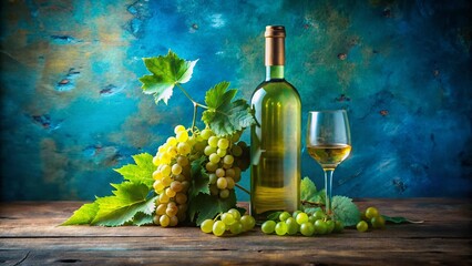 Fototapeta premium Rustic Blue Background Still Life: White Wine Bottle, Green Grapes & Leaves