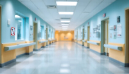 A blurred hospital interior with a bright white corridor and large panoramic windows, creating a clean and professional medical concept background. Ideal for banner designs with copy space.

