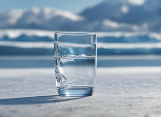 Transparent glass with clean, clear water on ice on a background with mountains