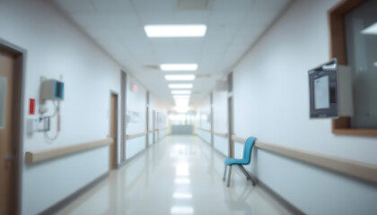 A blurred hospital interior with a bright white corridor and large panoramic windows, creating a clean and professional medical concept background. Ideal for banner designs with copy space.

