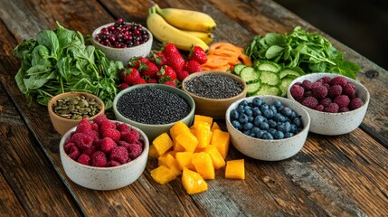 A colorful spread of fresh vegetables and fruits known for their antioxidant properties, arranged on a wooden table.