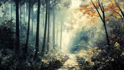 Obraz premium Mystical Forest Pathway with Autumn Leaves and Sunlight