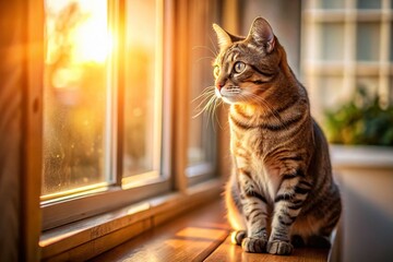 Mackerel Tabby Cat Sunbathing on Windowsill, Cozy Morning Sunlight