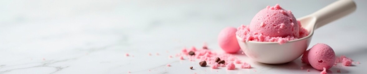 Gelato scoop on a marble background with a few gelato balls surrounding it, frozen yogurt, dessert