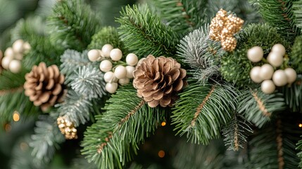 Close-up of a young fir branch adorned with a garland in summer 
