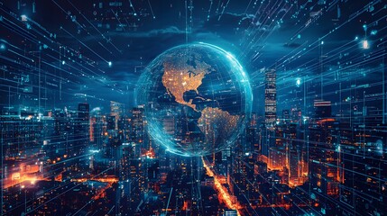 A cyberpunk city skyline with glowing data streams, representing Data Sovereignty, with a globe in the center and a single figure struggling to break free