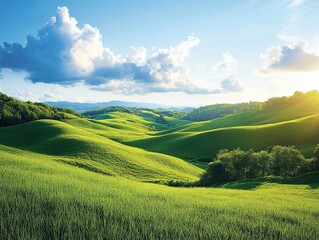 Obraz premium Rolling green hills at sunset, Tuscany landscape under cloudy sky