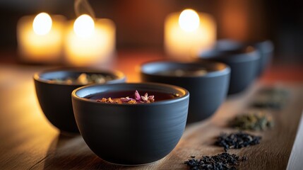A table with four black bowls filled with different colored tea leaves