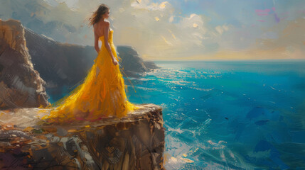 Woman in Yellow Gown Contemplating the Azure Sea