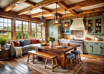 Rustic Farmhouse Kitchen with Wood Accents, Breakfast Nook & Pendant Lighting