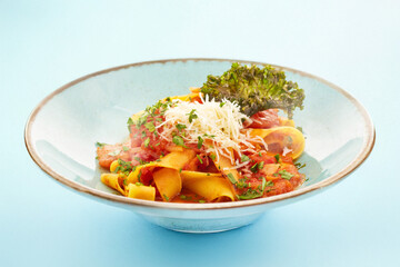 Papardelle with tomato sauce and parmesan cheese, Italian cuisine, Italian recipes,