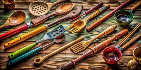 Rustic German Tongeschirr: Vintage Wooden Kitchen Utensils on Aged Table