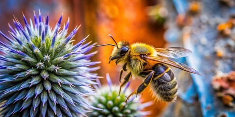 Macro Photography: Bee on Thistle - Urban Decay Background, Detailed Texture