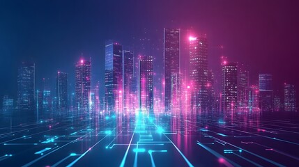 Fototapeta premium A sleek, futuristic cityscape powered by a glowing data river, representing Data-Driven Innovation, with abstract representations of technology and societal progress
