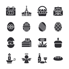A collection of Easter-themed icons, including a church, eggs, baskets, cakes