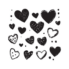 black silhouette Vector hand-drawn childlike doodle heart icon set. Black stroke on white background.