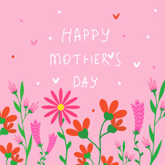 Mother's day greeting wishing card Lettering white childish text Happy Mothers day banner Floral design Elegant quote for poster with Mother's Day Pink red flowers on pink background Square template