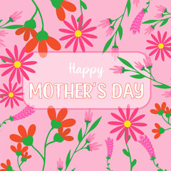 Mother's day greeting wishing card Lettering white childish text Happy Mothers day Floral design Elegant quote for poster with Mother's Day Pink red flowers on pink background Square design