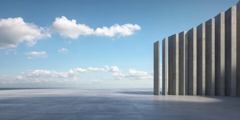 Modern architecture at coastal location under clear blue sky with scattered clouds