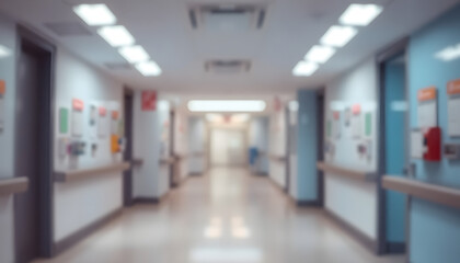 A blurred hospital interior with a bright white corridor and large panoramic windows, creating a clean and professional medical concept background. Ideal for banner designs with copy space.

