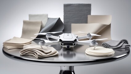 A sleek drone is centered on a circular table surrounded by various textured fabric samples in neutral tones.