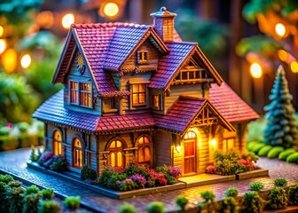 Obraz premium Macro Shot of Miniature 3D Printed House Model, Detailed Architecture, Tiny Home Design