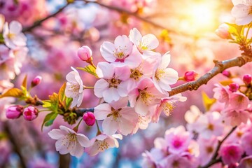 Macro Spring Blossoms: Pink and White Tree Flowers in a Park Panorama