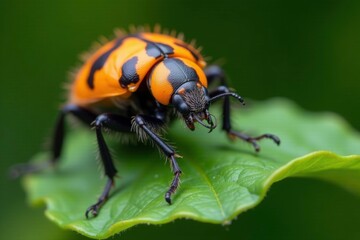 Fototapeta premium Gelbbindige furchenbiene halictus scabiosae on a leaf, nature, furrowed beetle