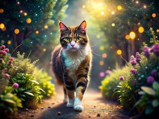 Obraz premium Magical Calico Cat with Sparkling Paws in Mystical Garden - Stock Photo