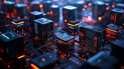 A futuristic 3D cityscape with floating buildings and interconnected platforms, glowing in the evening light