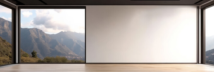 Naklejka premium Scenic mountain view from minimalist interior space with large windows
