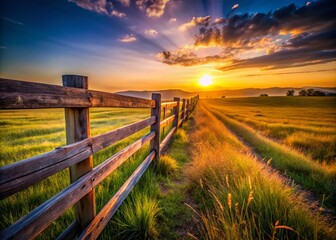 Fototapeta premium Rustic Wooden Fence Across Rolling Green Hill Landscape at Sunset - Stock Photo