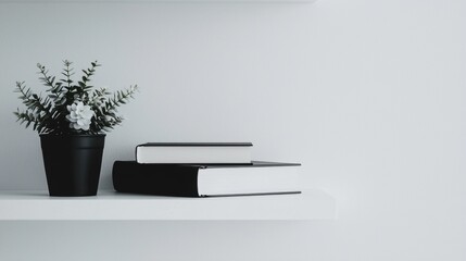 A shelf with a potted plant and two books