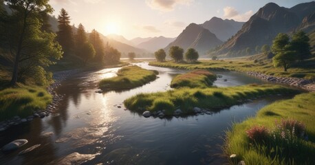 Fototapeta premium Bokeh blur of a winding river in a serene landscape, blurred, river