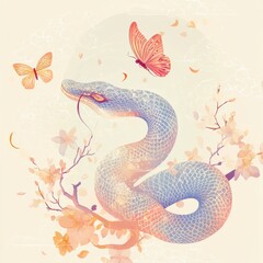 Fototapeta premium Snake and butterfly for Lunar New Year, soft gradient colors, intricate details, harmonious celebration theme, artistic vector style.
