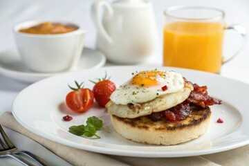 Breakfast food item sitting on a white background, baked good, egg, pastry