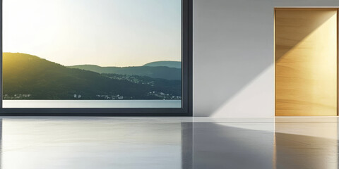 Fototapeta premium Minimalist interior with a large window showing a serene mountain view during sunset