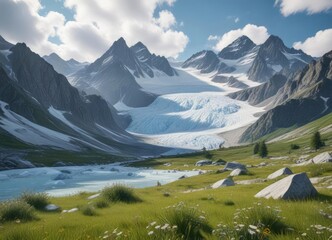 Breathtaking view of Adishi Glacier with meadow and surrounding mountains, Meadow, Nature Photography, Landscape Photography