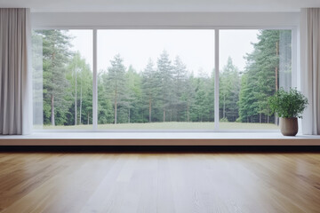 Large window with a view of a serene forest landscape in a modern interior setting