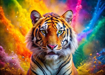 Fototapeta premium Majestic Bengal Tiger in Holi Festival Rainbow Powder Explosion - Vibrant Indian Celebration Banner