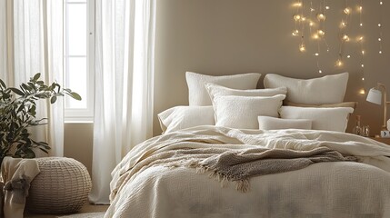 Cozy and Inviting Neutral-Toned Bedroom with Layered Bedding and Hanging String Lights