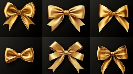 Collection of golden bows and ribbons, isolated on a transparent background