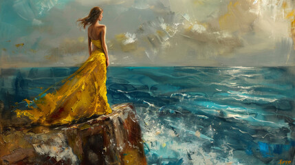 Solitude's Embrace: A Woman in Yellow by the Sea