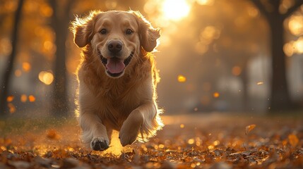 Golden Retriever Running in Autumn Leaves at Sunset with Backlit Golden Light