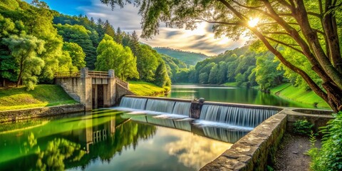 Fototapeta premium Majestic Dam in Lush Park Landscape - High Resolution Stock Photo