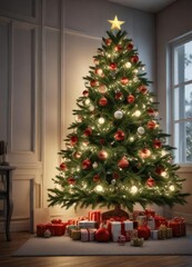 Christmas tree decorated with ornaments and lights, tree ornaments, festive decor